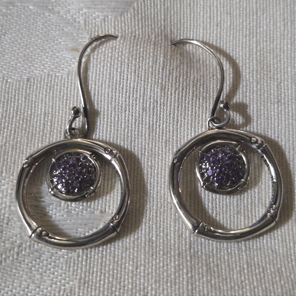 John Hardy Bamboo Circle Drop Earrings with Pave Amethyst, Sterling Silver